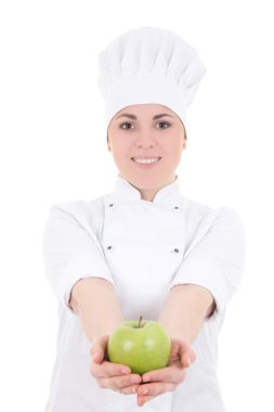 çekici genç kadın ile yeşil elma isolat üniformalı cook