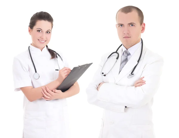 Mężczyzna lekarz i pielęgniarka kobiece kobieta na białym tle — Zdjęcie stockowe