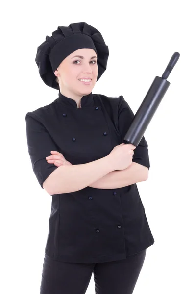 Cook woman in black uniform with baking rolling pin isolated on — Stock Photo, Image