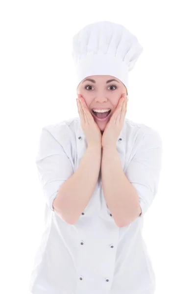 Podekscytowany kobieta młody kucharz na białym tle — Zdjęcie stockowe