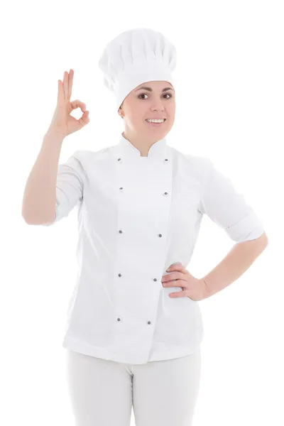 显示 ok 的手势，孤立的白色衬底上的年轻厨师女人的画像 — 图库照片