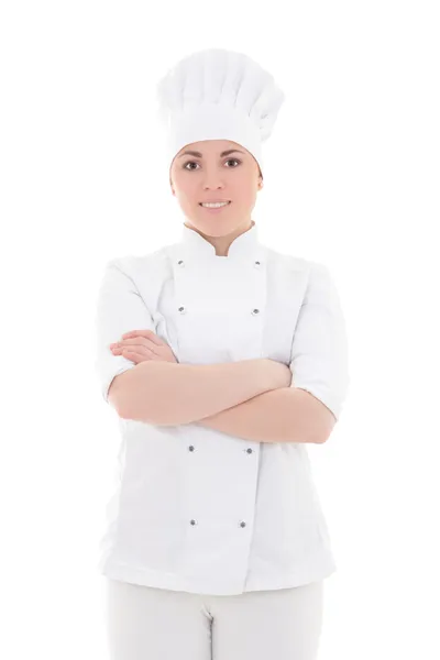 Retrato de mulher jovem cozinheiro isolado no branco — Fotografia de Stock