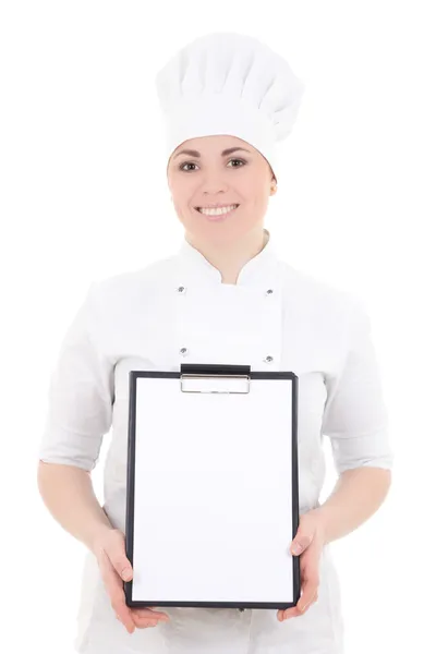 Retrato de mulher jovem cozinheiro de uniforme segurando isolat de transferência — Fotografia de Stock