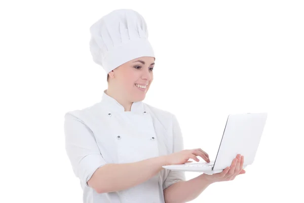 Cook woman holding notebook isolated on white — Stock Photo, Image