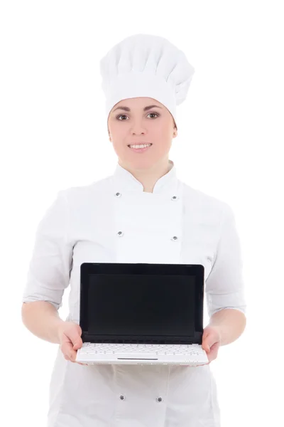 Cocinero mujer sosteniendo portátil con pantalla vacía aislado en blanco —  Fotos de Stock