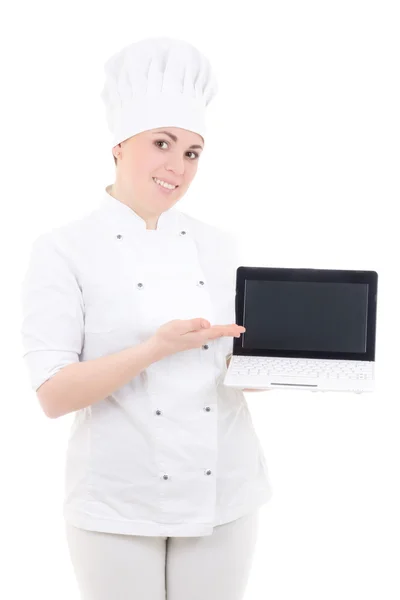 Cook woman holding laptop with copyspace isolated on white — Stock Photo, Image