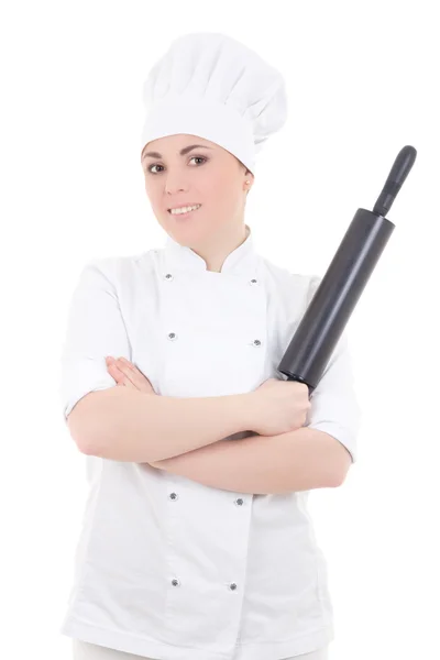 Koken vrouw in uniform met bakken deegroller geïsoleerd op wit — Stockfoto