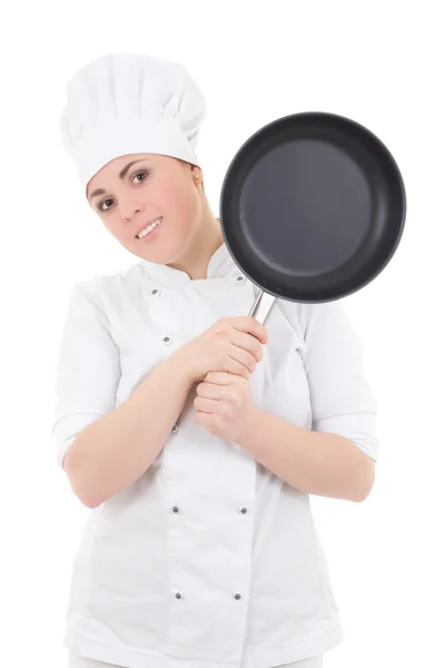 Jovem cozinheiro atraente mulher de uniforme com frigideira isolada — Fotografia de Stock