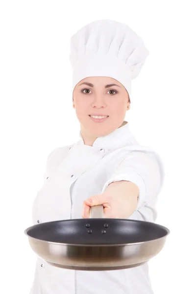 Young attractive cook woman in uniform with teflon frying pan is — Stock Photo, Image