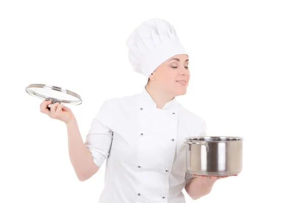 Portret van jonge aantrekkelijke kok vrouw in uniform met pan isol — Stockfoto
