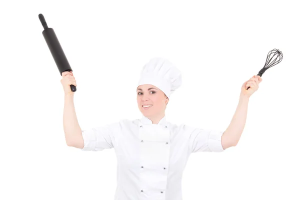 Mujer graciosa joven cocinero en uniforme con perno de balanceo aisla de la hornada — Foto de Stock