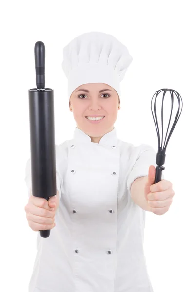 Jonge vrouw in uniform met bakken deegroller geïsoleerd op koken — Stockfoto
