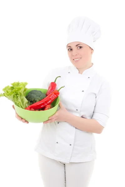 Cozinheiro atraente mulher de uniforme com vegetariana comida ó isolado — Fotografia de Stock