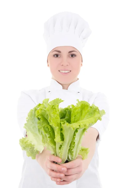 Cuisinier séduisante jeune femme en uniforme avec salade fraîche isolé — Photo