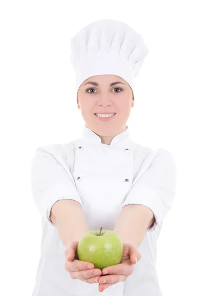 Mujer joven cocinero atractivo en uniforme con manzana verde vitrificado — Foto de Stock