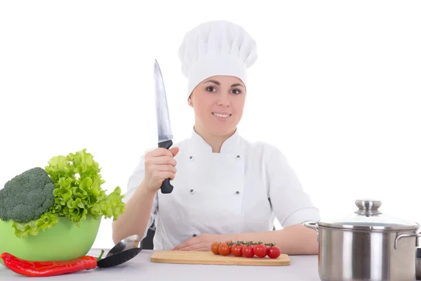 Cuoco attraente giovane donna in uniforme cottura insalata isolato su — Foto Stock