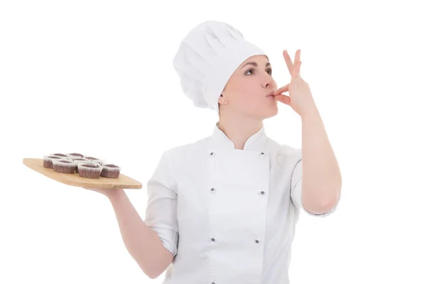 Porträtt av unga attraktiva cook kvinna i uniform med chocolat — Stockfoto