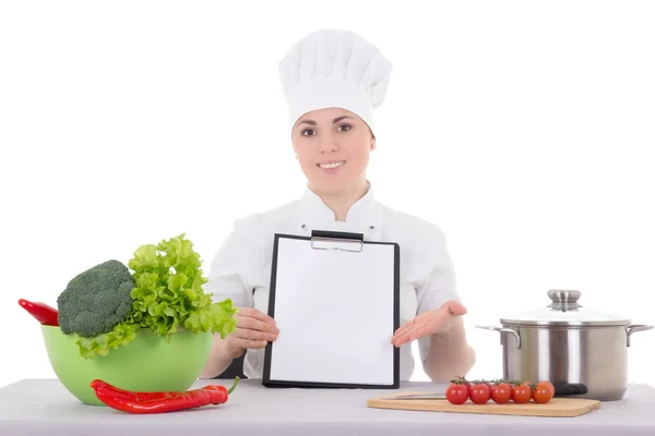 Portrait of attractive cook woman in uniform with clipboard at t — Stock Photo, Image