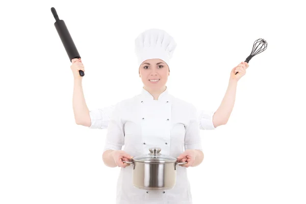 Koncept obrázek atraktivní vařit žena v uniformě se čtyřmi ha — Stock fotografie