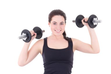 genç çekici sportif kadın üzerinde beyaz izole dumbbells ile