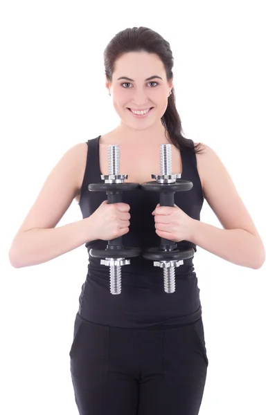 Portrait of young attractive sporty woman with dumbbells isolate — Stock Photo, Image