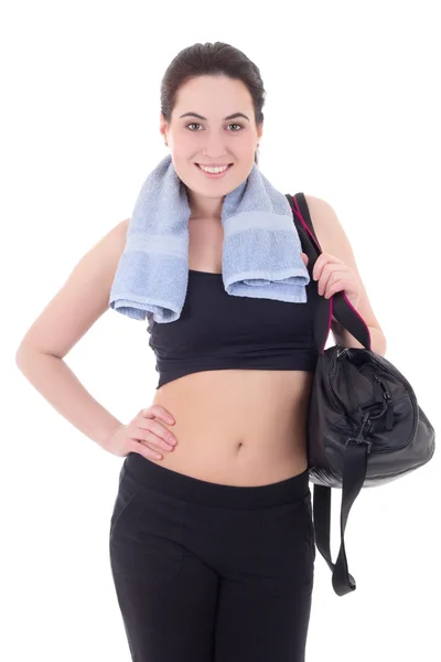 Happy slim woman with sporty bag isolated on white — Stock Photo, Image