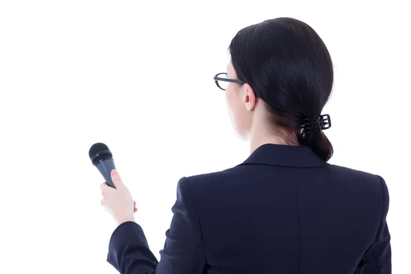 Vista posterior de mujer periodista con micrófono aislado en blanco —  Fotos de Stock