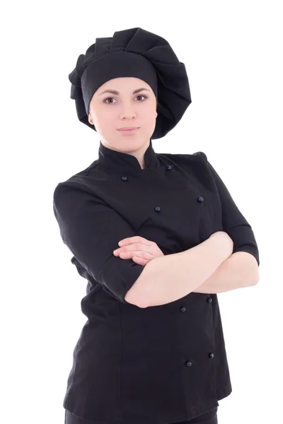 Porträt des jungen attraktiven Koch Frau in schwarzer uniform isolieren — Stockfoto