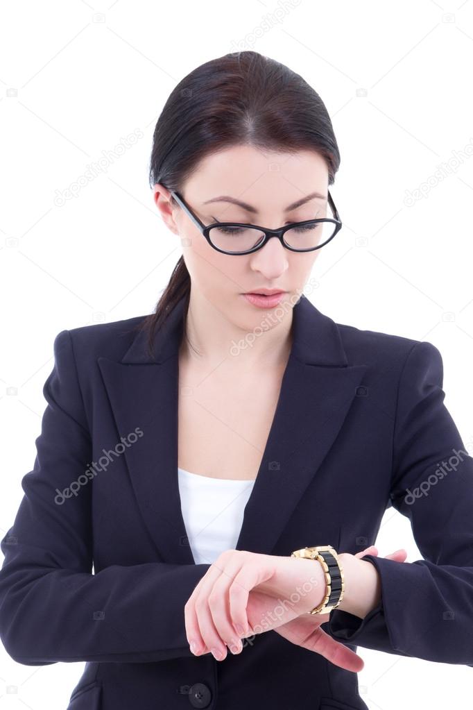 portrait of young businesswoman checks time on her wrist watch i