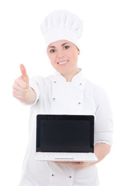 laptop ile boş ekran ve isolat Yaşasın tutan kadın yemek