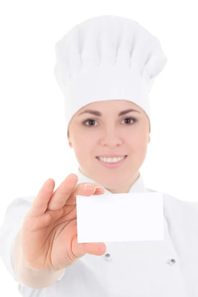 유니폼 보여주는 알림에서 젊은 요리사 여자의 초상화를 닫습니다 — 스톡 사진