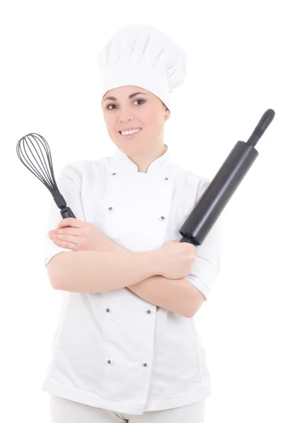 Young cook woman in uniform with baking rolling pin and corolla — Stock Photo, Image