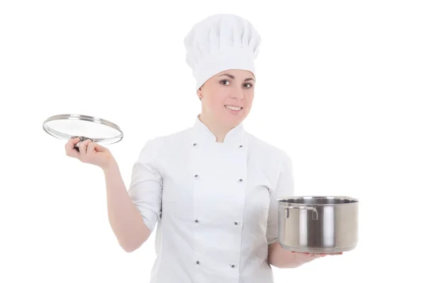 Young attractive cook woman in uniform with pan isolated on whit — Stock Photo, Image