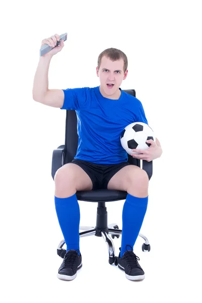 Ung man tittar på fotboll och firar målet isolerad på whi — Stockfoto