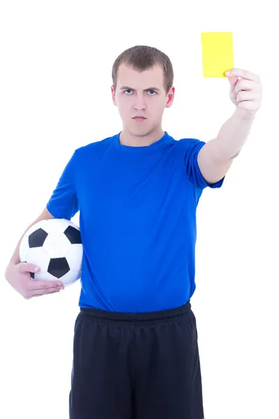 Arbitro di calcio mostrando il cartellino giallo isolato su bianco — Foto Stock