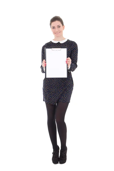 Beautiful brunette woman in black dress with clipboard isolated — Stock Photo, Image