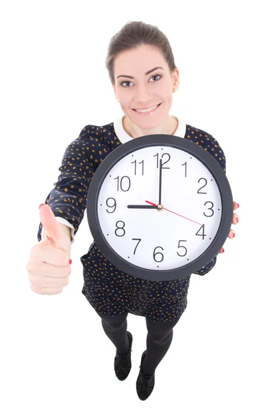 Funny beautiful business woman showing clock and thumbs up isola — Stock Photo, Image