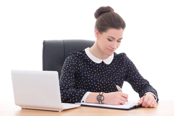 Beautiful business woman doing paperwork in office with laptop i — Stock Photo, Image