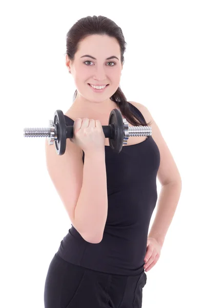 Young attractive sporty woman smiling with dumbbell isolated on — Stock Photo, Image