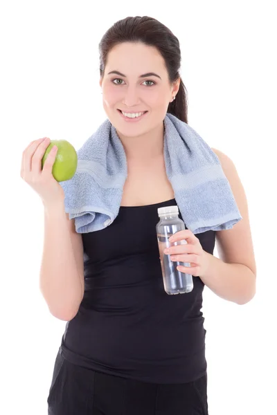 Junge schöne sportliche Frau mit Flasche Mineralwasser und LD — Stockfoto