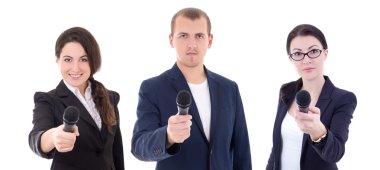 news reporters or journalists interviewing a person holding up t clipart