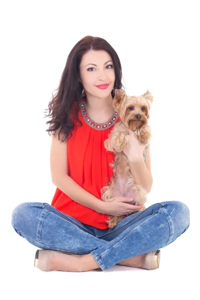 Beautiful woman sitting with his little dog yorkshire terrier is — Stock Photo, Image
