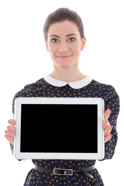 Vackra business kvinna visar TabletPC med tom skärm iso — Stockfoto