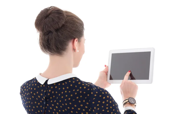 Back view of beautiful business woman holding tablet pc with emp — Stock Photo, Image