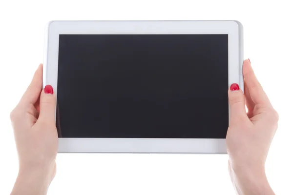 平板电脑与空屏幕上白色孤立的女性手中 — 图库照片