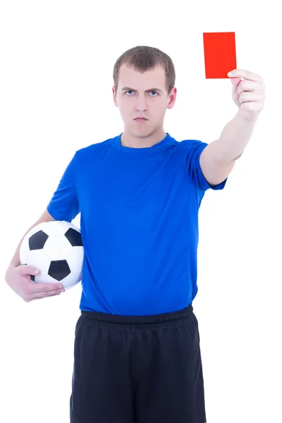 Arbitro di calcio mostrando la carta penalizzata isolato su bianco — Foto Stock