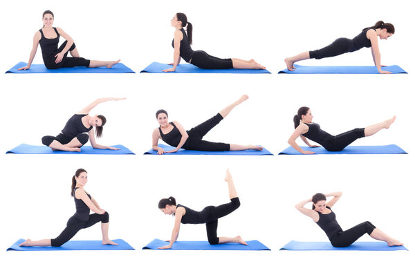 collection of a beautiful girl doing fitness isolated on white