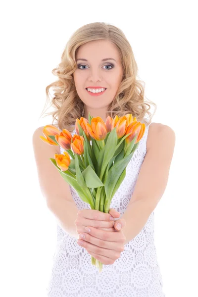 Mujer feliz con montón de tulipanes — Foto de Stock