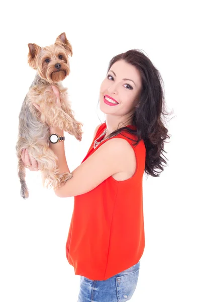 Beautiful woman holding his little dog yorkshire terrier isolate — Stock Photo, Image