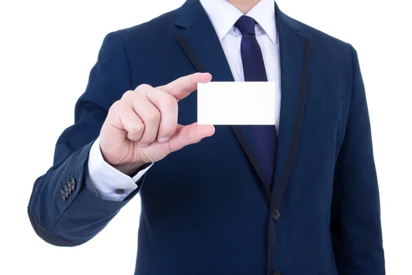 Close up of visiting card in businessman's hand isolated on whit — Stock Photo, Image